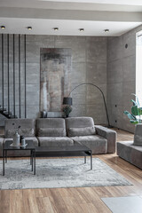 stylish minimalistic restrained modern interior of the apartment, a spacious room with a swimming pool, large panoramic windows overlooking the mountains. without people in the daytime