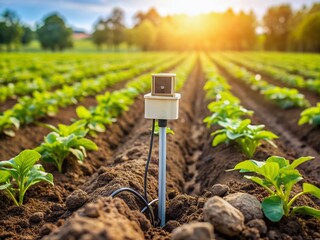Advanced soil sensor device embedded in fertile soil collects data on moisture, pH, and nutrient levels for precise crop management in a sustainable farm setting.