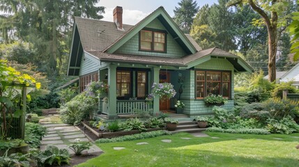 A small house with a green roof and a porch. The house is surrounded by trees and has a lot of leaves on it