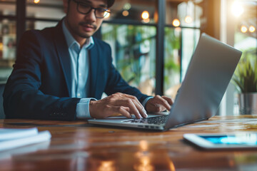 Fototapeta premium Businessman working on laptop in modern office