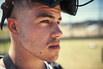 Baseball, catcher and sports man in match on field of stadium for training, practice or workout. Fitness, thinking or face of athlete ready to play in park for outdoor competition, exercise or game