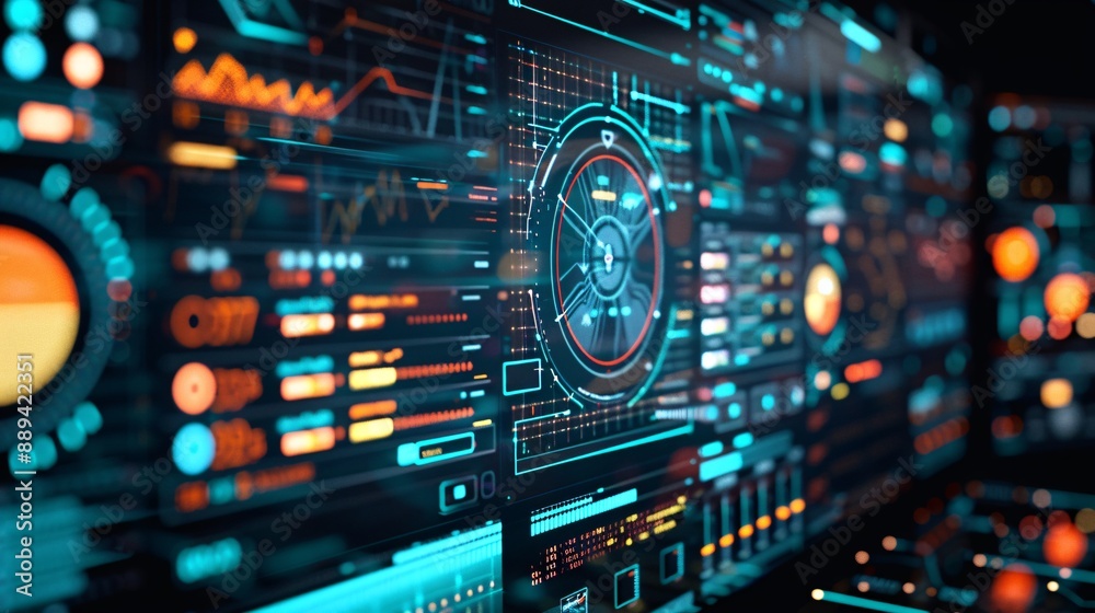 Poster an abstract image of a cybersecurity team monitoring a network, with digital interfaces displaying d