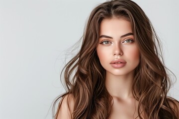 Fototapeta premium A stylish and sophisticated woman exudes charm with her long brown hair. She poses gracefully, radiating allure and attracting attention with her elegance and attractive appearance