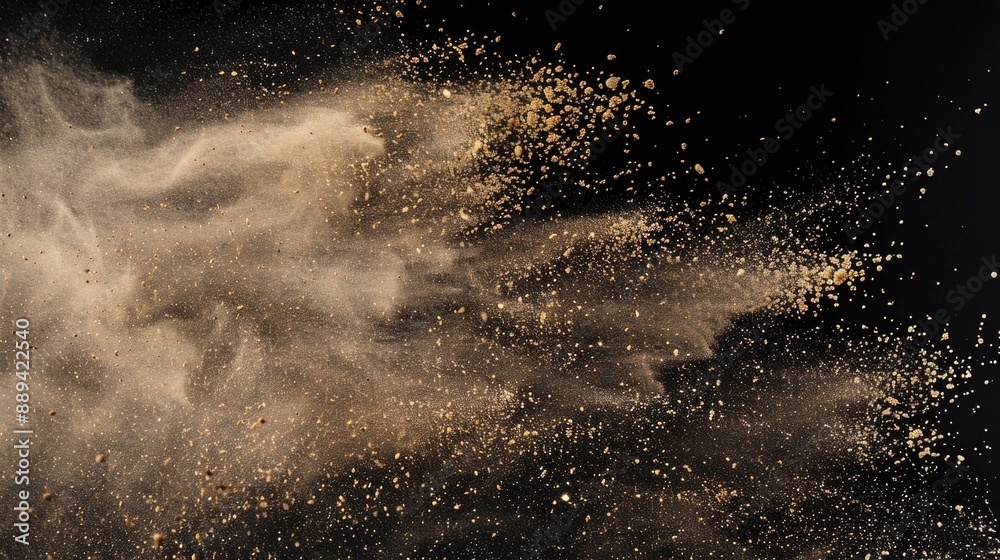 Poster a person captures the moment when throwing sand into the air, creating a beautiful cloud-like effect