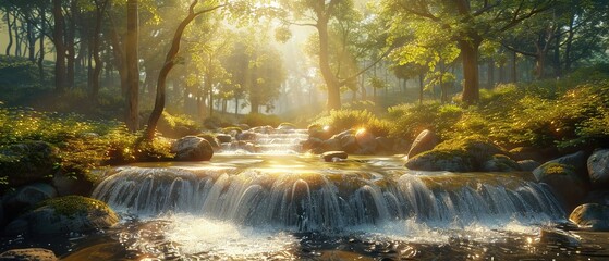 Fototapeta premium Crystalclear mountain stream rushing over smooth rocks, sunlight dappling through the trees , 3D style