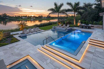 Beautiful outdoor pool with LED lights and seating area, surrounded by white marble tiles, in the backyard of an elegant Miami home on a golf course at sunset.