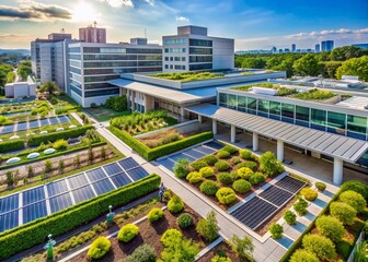 A modern hospital rooftop garden filled with lush greenery and solar panels, showcasing sustainable healthcare practices and environmentally friendly infrastructure.