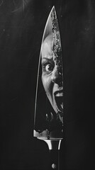 Person Screaming in reflection on knife blade.  