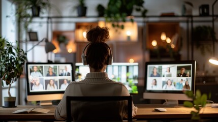 A woman in a cozy home office participates in a video call, wearing headphones and surrounded by plants and warm lighting.