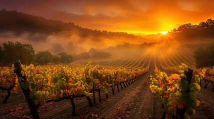 Naklejka premium A field of grapes with a sun shining through the clouds. The sun is setting and the sky is orange