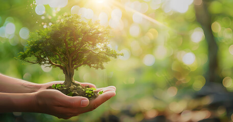 hand holdig big tree growing on green background with sunshine