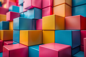 Obraz premium Interlocking 3D cubes in a variety of bright colors, forming an intricate geometric pattern against a plain white background,