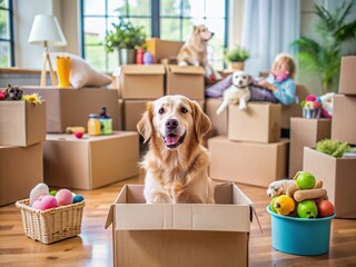 Adorable dog sitting in a cardboard box surrounded by packed boxes, toys, and chaos, capturing the excitement and stress of a family's relocation to a new home.