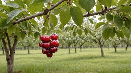 Fototapeta premium Bountiful Harvest Red Cherries Adorning Lush Green Orchard