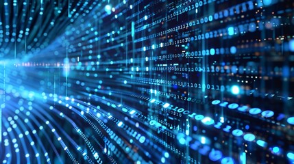 A futuristic background showcasing binary code and data flow, symbolizing the core of digital technology and AI-driven processes