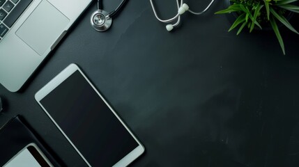 Medical working with smart phone, digital tablet computer, stethoscope on black desk, top view