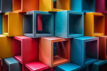 Obraz premium An intricate design of interlocking 3D cubes in various bright colors, forming an abstract geometric pattern against a light gray background,