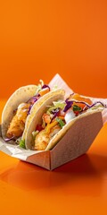 Three fish tacos topped with fresh vegetables, cheese, and sauce, served in a paper tray against a vibrant orange background.