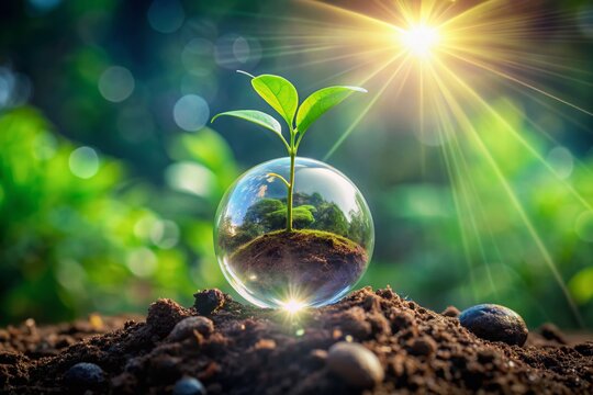 A delicate green sprout bursts forth from a transparent glowing Earth, symbolizing hope, renewal, and a thriving sustainable future for our planet's ecosystem.
