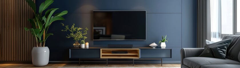 A white entertainment center with a black television and a vase of flowers on top. The room is decorated in blue and white, giving it a clean and modern look