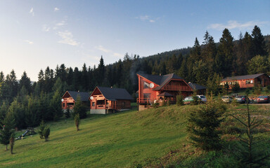 Summer cottages on a mountain slope. Wooden houses on a hill surrounded by pine tree forest.
