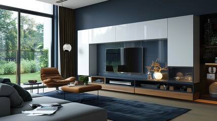 Obraz premium A white entertainment center with a black television and a vase of flowers on top. The room is decorated in blue and white, giving it a clean and modern look
