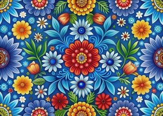 A colorful floral design with a blue and white background. Hispanic Heritage month pattern.