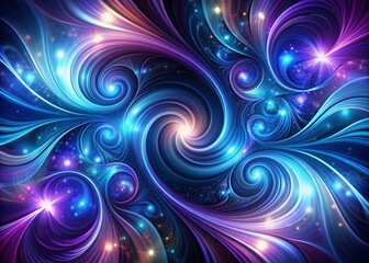 Fototapeta premium Vibrant abstract design featuring mesmerizing swirls of blue, purple, and silver hues creating a hypnotic, futuristic, and dynamic visual effect on a dark background.