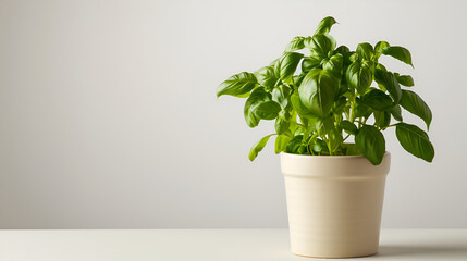 Fresh basil in pot on light background ,Fresh green bush of potted basil plant in a blue plastic pot isolated on plain white background
