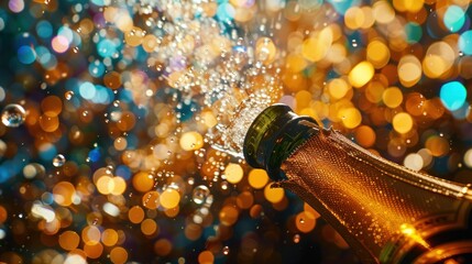 exploding champagne bottle spraying golden bubbles amidst