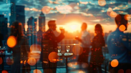Blurred business professionals networking at a conference, with glowing booth displays and tech screens in the background