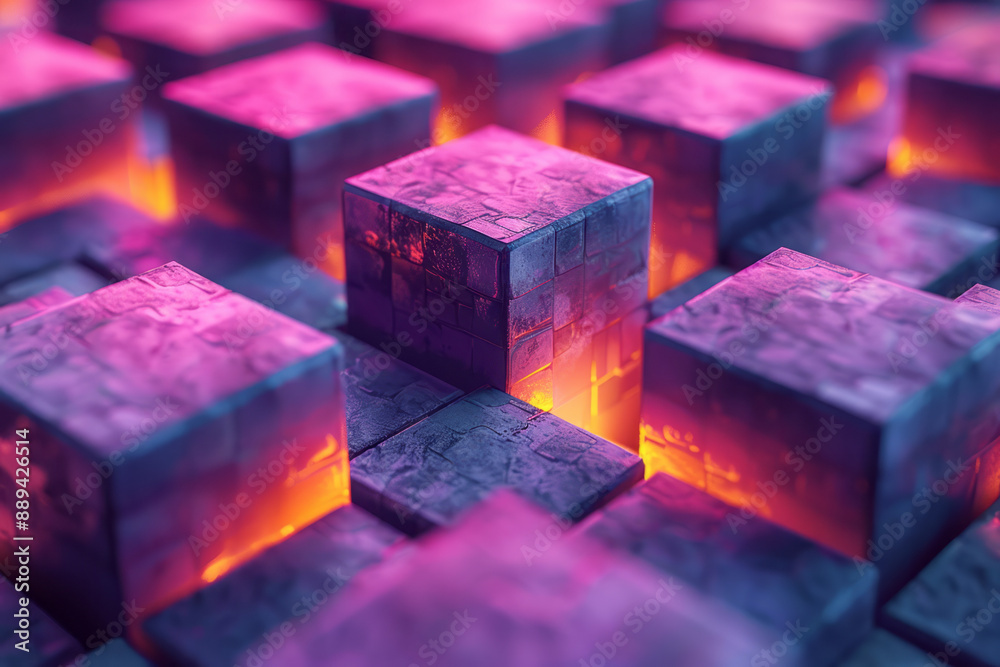Poster a repeating pattern of purple and yellow 3d cubes, with a gradient effect adding depth to the geomet