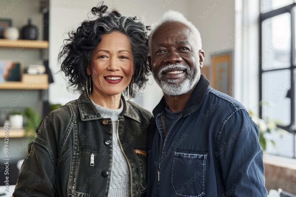 Wall mural portrait of a satisfied multiethnic couple in their 60s wearing a trendy bomber jacket over stylized