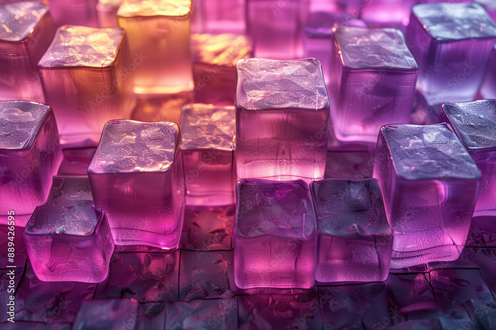 Poster a repeating pattern of purple and yellow 3d cubes, with a gradient effect adding depth to the geomet