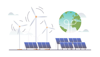Sustainability and esg, green, energy, sustainable industry with windmills and solar energy panels, environmental, social, corporate governance concept flat vector illustration.	
