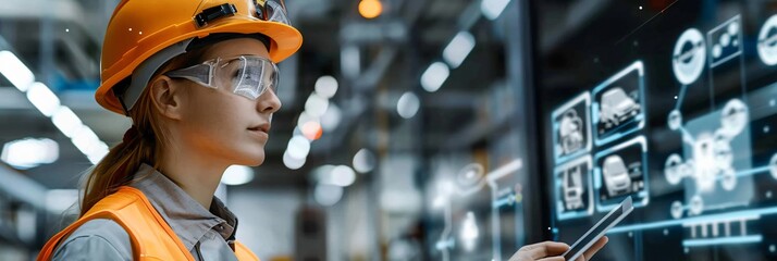 Modern Warehouse Worker with Tablet Surrounded by Digital Holograms and Virtual Goods Illustrations
