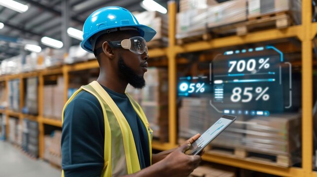 Futuristic Industrial Worker in Warehouse Monitoring Data on Tablet Amid Holographic Screens Technology and Safety Concept
