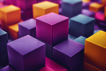 Obraz premium A minimalist abstract pattern of purple and yellow 3D cubes, arranged in a symmetrical geometric formation,