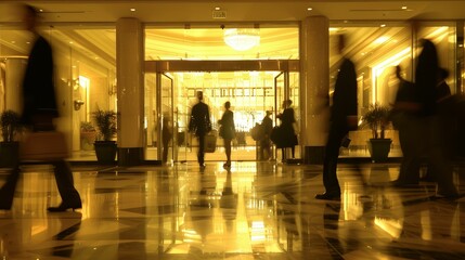 Blurred business crowd walking through a hotel lobby, surrounded by revolving doors and bright lighting
