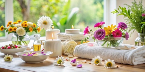 Assorted flowers on a pristine white table against a plain background, symbolizing health and wellness, showcasing nature's beauty in a serene spa setting.