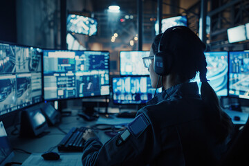 Obraz premium Security specialist working at control center with many computer screens