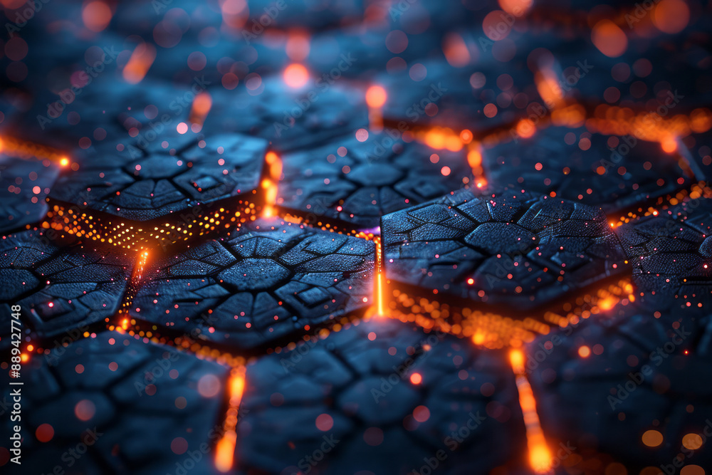 Poster a futuristic hexagonal pattern with bright, pulsating nodes, against a dark digital background with 
