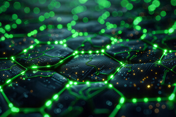 A dynamic image of a hexagonal network with glowing green nodes, set against a complex digital background of interconnected circuits,