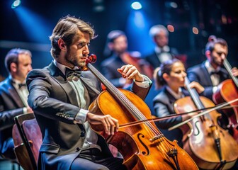 Fototapeta premium Talented musician playing violin cello in orchestra concert theatre opera musical talent skill classical music artistic performance string instrument intelligent person clear sound live show symphony