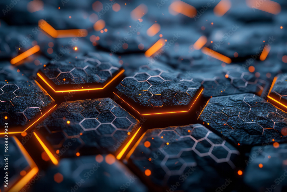 Poster an intricate image of a hexagonal grid with glowing nodes, overlaid on a dark digital background wit