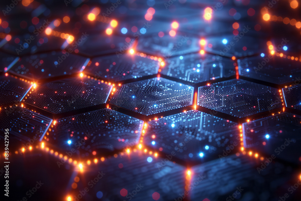 Poster a surreal depiction of a hexagonal network with glowing nodes, against a high-tech digital backdrop 