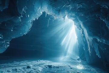 Ice cave with translucent walls and ceilings, sunlight filtering through and creating ethereal blue light , ultra HD