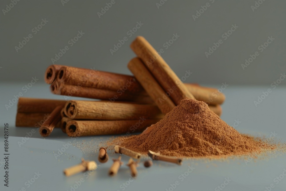 Poster a pile of cinnamon sticks placed next to a container of cinnamon powder, ideal for baking or cooking
