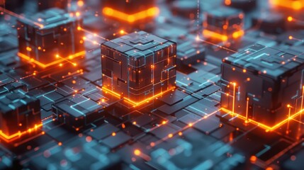A digital representation of a blockchain ledger with floating blocks and glowing transactions