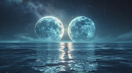 In the vast expanse of space, two moons reflection each other on water surface, stars and milky way in background, 